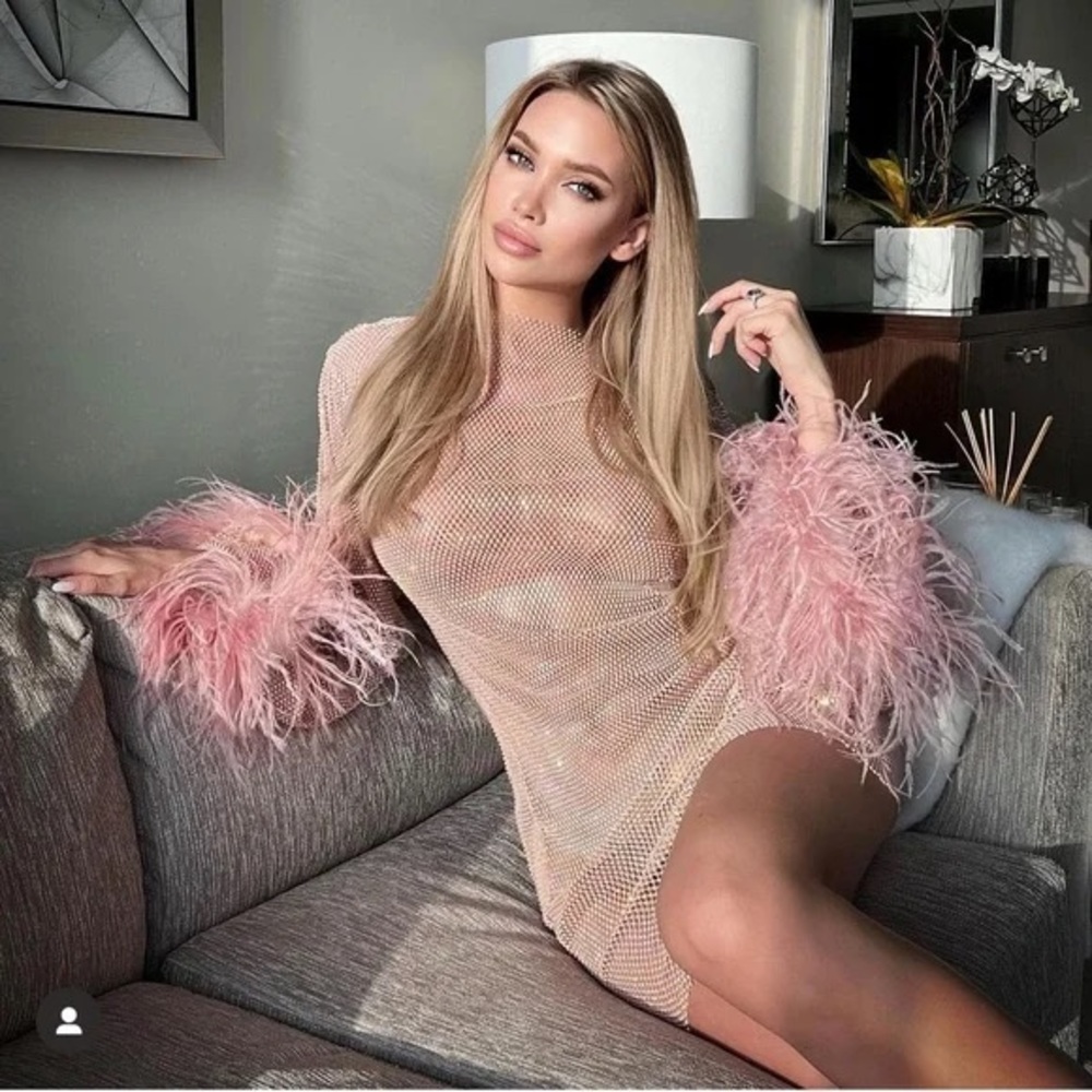 Pink mesh glitter dress with ostrich fur sleeve trim